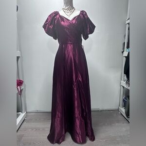 Ivy City Co Deep Plum Satin Maxi Dress with Puff Sleeves